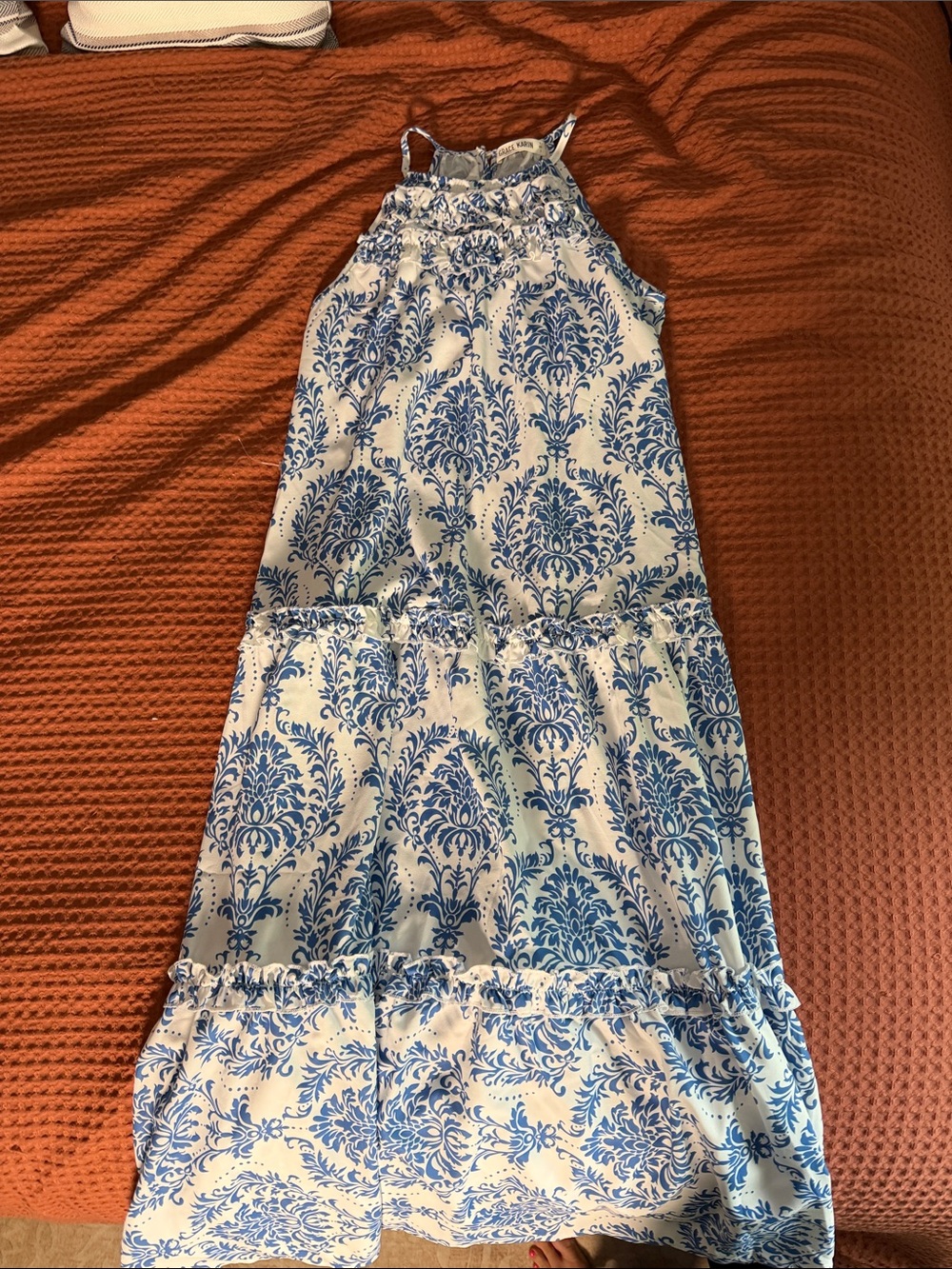 Grace Karin White and Blue Maxi Dress with Damask Print